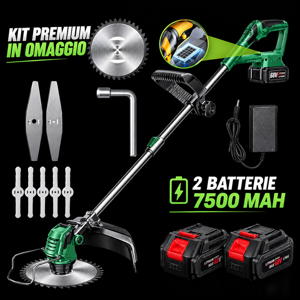 Decespugliatore a Batteria + 2 Batterie 7500mAh + Kit Premium